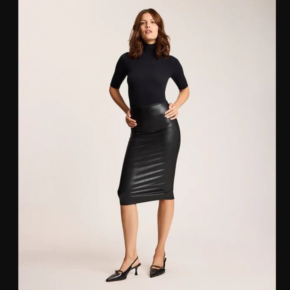 NWT Commando Black Faux Leather Midi Skirt Size XS